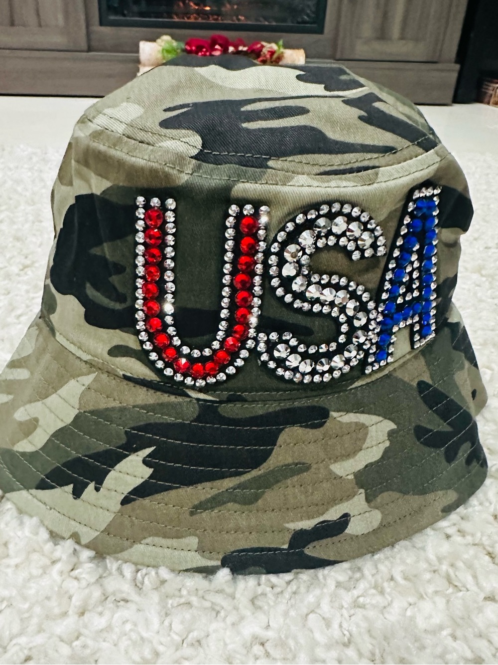 NWT Anna & Ava Embellished U.S.A Americana Camo Bucket Hat